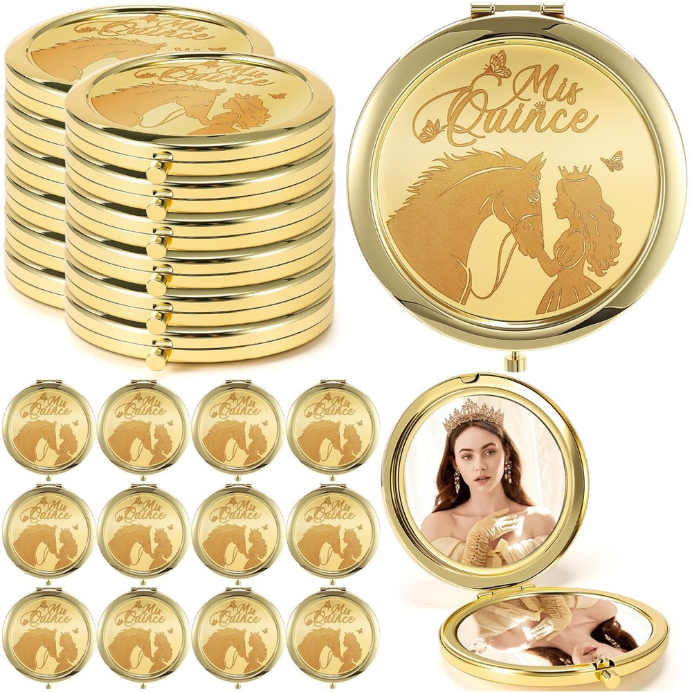 Gold 'Mis Quince' Round Compact Mirror Set